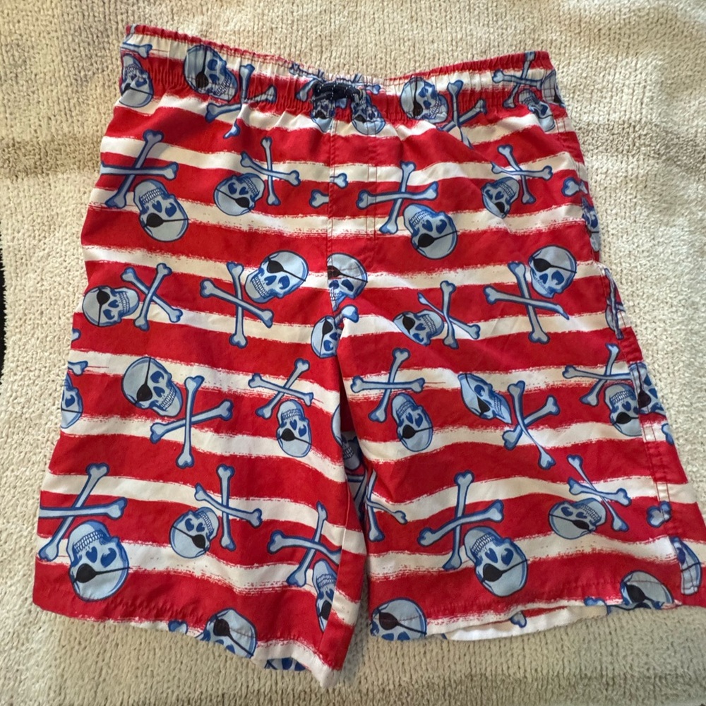 Soft lining! Red, White & Blue Striped Swim Shorts with Skull Accent